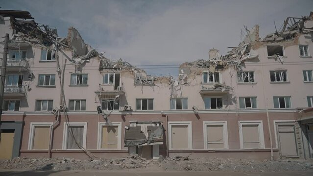 Destroyed hotel building in Chernihiv after being hit by a Russian bomb