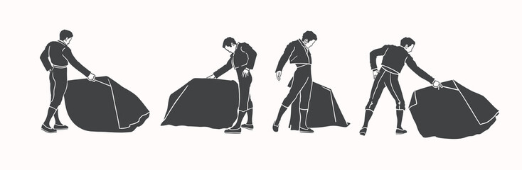 Collection of black silhouettes of Matadors with capes in different poses. Toreador is the main participant in the bullfight, killing the bull. Vector illustration isolated. - obrazy, fototapety, plakaty