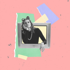 Contemporary art collage. Thoughtful young woman sticking out TV screen, giving information. Brainstorming