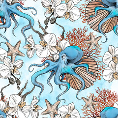 Watercolor octopus pattern. Colorful seamless octopus, orchids and seashells pattern. Perfect for greetings, invitations, manufacture wrapping paper, textile and web design. Watercolor ocean pattern. © tanyavollar