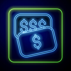 Glowing neon New price tag with dollar icon isolated on blue background. Badge for price. Sale with dollar symbol. Promo tag discount. Vector