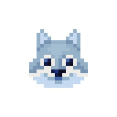 Wolf head animal with yellow eyes abstract Logo for game design.  Pixel art style. 8-bit. Isolated vector illustration. Game assets. Design for stickers, web, mobile app.