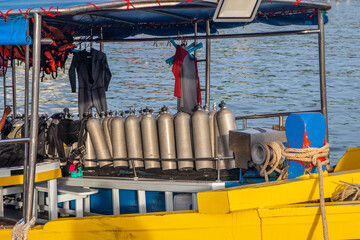 Divers oxygen tanks on a deck of an excursion boat