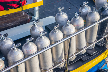 Divers oxygen tanks on a deck of an excursion boat