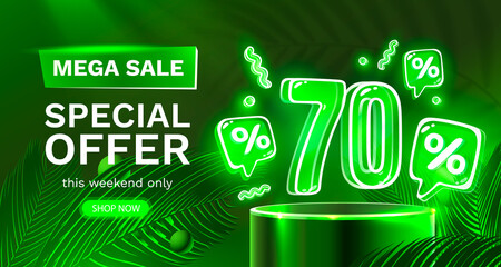 Mega sale special offer, Neon 70 off sale banner. Sign board promotion. Vector