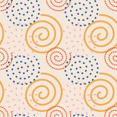 Seamless pattern of colored spirals, swirls. Modern paint for greeting card, party invitation, wallpaper sale, holiday wrapping paper, fabric, bag print, t-shirt, workshop advertising.