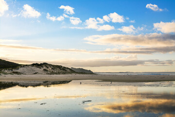 Light clouds reflected in shallow waters of a sandy beach. Beautiful sunset at Far North, New Zealand