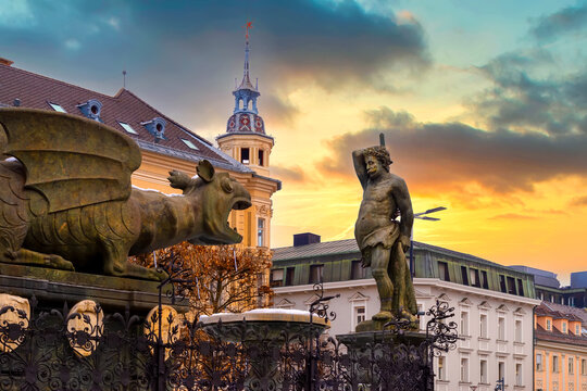 Klagenfurt, Lindwurmbrunnen. The Lindworm fountain is one of the most recognisable landmarks of the Klagenfurt city centre