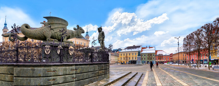Klagenfurt, Lindwurmbrunnen. The Lindworm fountain is one of the most recognisable landmarks of the Klagenfurt city centre