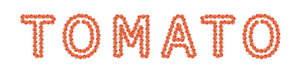 Word TOMATO made from small cherry tomatoes