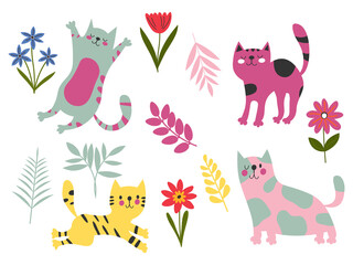 Naklejka premium Fanny cartoon cats in different poses. Domestic cute cats sleeping and walking, sitting and playing. Flowers Set of flat cartoon vector illustrations isolated on white background EPS