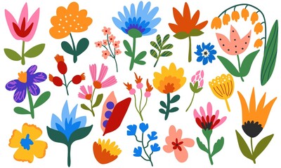 Large set of hand-drawn flowers. Flat design, cartoon, vector illustration.