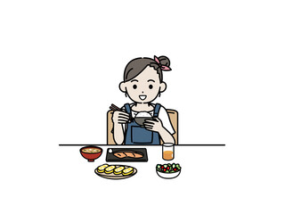 食事をする　女の子　子供　食べる　朝食　イラスト