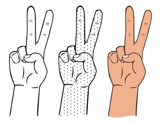Vector illustration of a hand showing a gesture of peace or victory isolated on white background. Hand with two fingers up. Pacifism concept.
