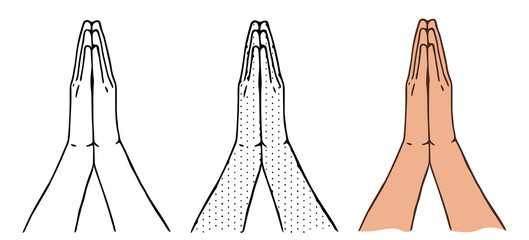 Vector illustration of praying hands in different styles isolated on white background. Prayer gesture concept.