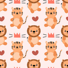 Seamless pattern with cute wild animal. Tiger and lion. African safari. Vector illustration Scandinavian style flat design. Concept for kids, textile print, poster, card EPS