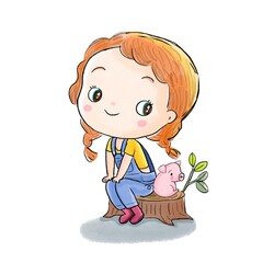  Freehand little  farmer girl cartoon sits with pig on the log