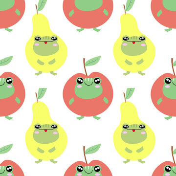 Cute funny green frog in fruit suit seamless pattern. Vector hand drawn cartoon kawaii character illustration stickers design set. Funny cartoon toad frog mascot character seamless pattern concept EPS