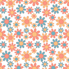 Daisy flowers from 1970 vibe. Vector seamless pattern. Hand-drawn illustration in flat style for groovy background, wallpaper, fabric, textile.