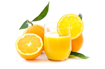 Glass of orange juice and slices of orange fruit and leaves isolated on white background