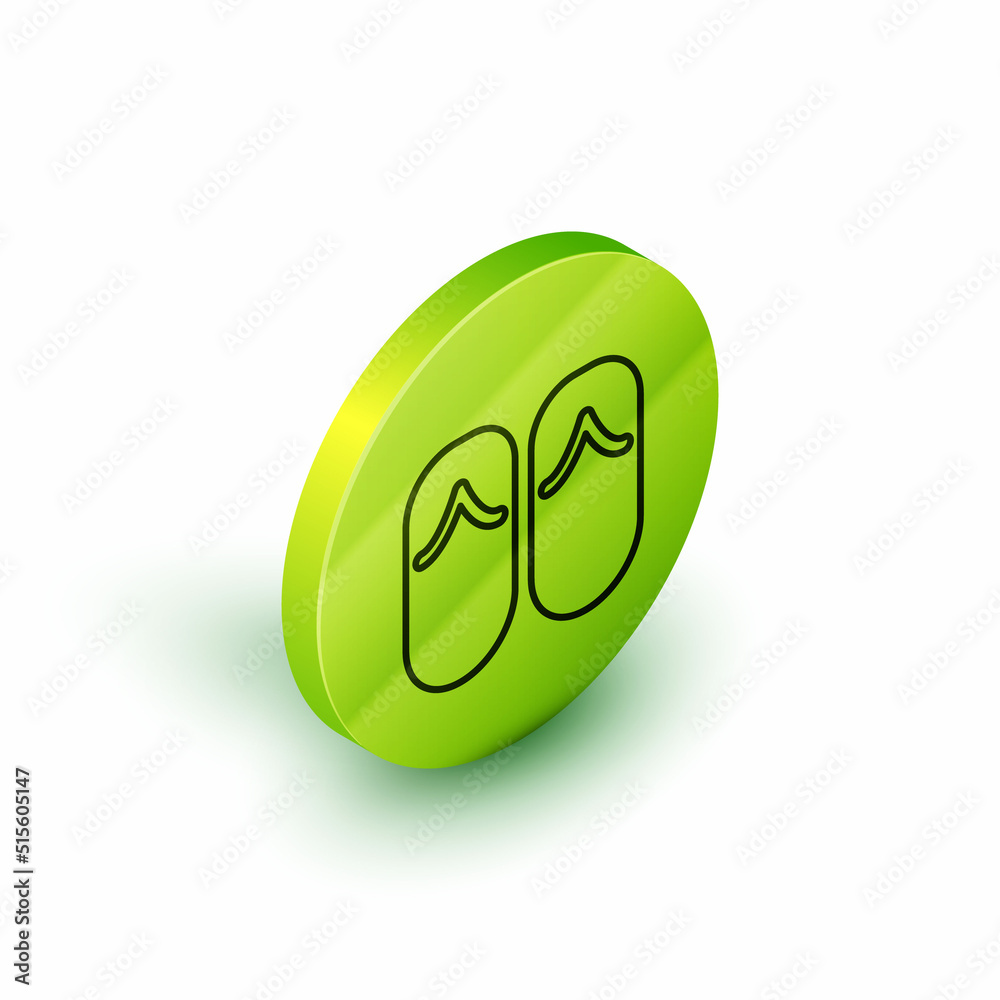 Wall mural Isometric line Flip flops icon isolated on white background. Beach slippers sign. Green circle button. Vector