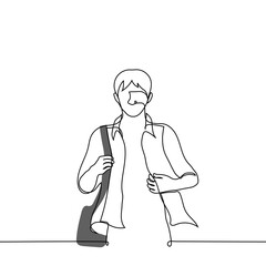 man in an open shirt fluttering in the wind or walking holding on to the handle of a bag - one line drawing vector. concept student goes to or from school, shopping for a bag, summer walk