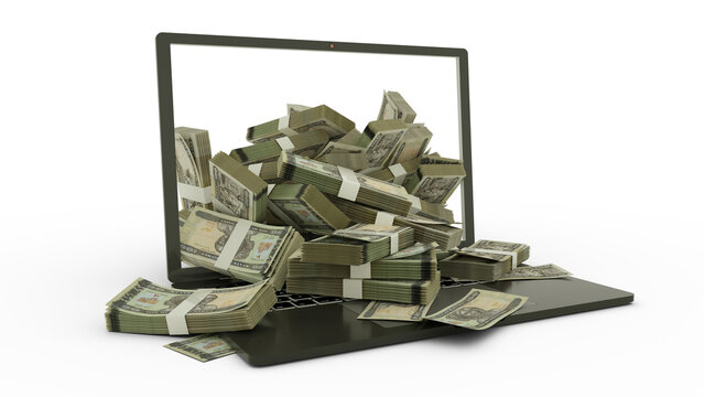 3D rendering of 100 Eritrean nakfa notes coming out of a Laptop monitor isolated on white background. stacks of notes inside a laptop. money from computer, money from laptop