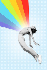 Vertical composite collage illustration of flying girl black white gamma emit rainbow isolated on...