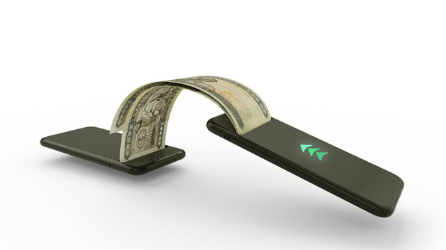 3D rendering of 100 Eritrean nakfa notes transferring from one phone to another. mobile money transaction concept. money coming out of mobile phone
