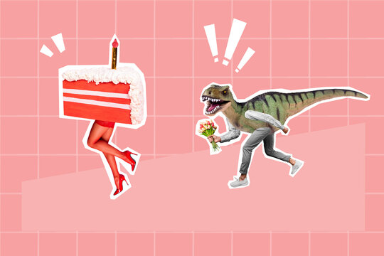 Creative banner collage of addicted guy with raptor body run after beautiful lady birthday cake stop harassment concept