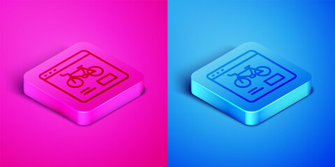 Isometric line Bicycle rental mobile app icon isolated on pink and blue background. Smart service for rent bicycles in the city. Mobile app for sharing system. Square button. Vector