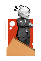 Trend pinup collage of clever people manager with crumpled paper trash dccument folded arms doing paperwork notebook isolated