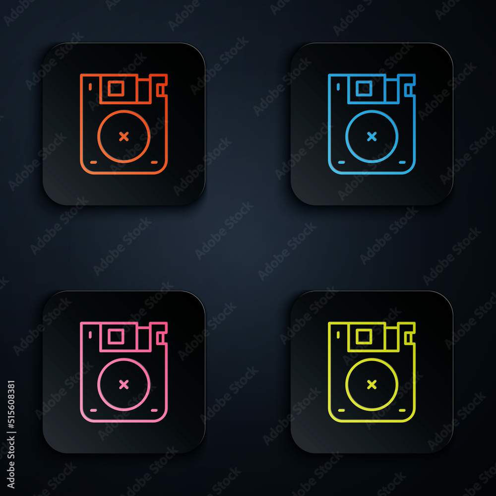 Poster color neon line floppy disk for computer data storage icon isolated on black background. diskette si
