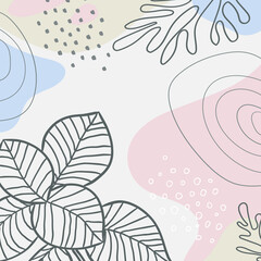 Botanical art. Abstract organic vector shapes, leaves, plants. Natural template in doodle style for social media post, cover, poster, greeting card, background. Modern graphics for holiday, business. 