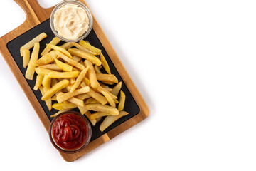 Fried potatoes with ketchup and Mayonnaise isolated on white background. Top view. Copy space