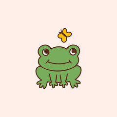 Happy frog and yellow butterfly. Cartoon vector illustration. Colorful design element or icon