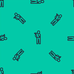 Blue line Human broken arm icon isolated seamless pattern on green background. Injured man in bandage. Vector