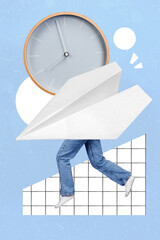 Trend collage artwork of unusual character person with origami plane body rush fast sale big clock...