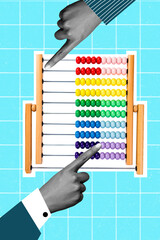 Creative magazine poster collage of two economists people using colorful abacus count start up savings tax