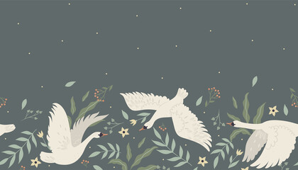 Seamless border with flying swans. Vector graphics. © Екатерина Зирина