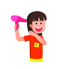 cute and happy little girl using a hairdryer