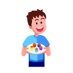 happy boy holding a plate containing several muffins
