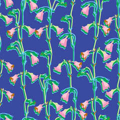 seamless colourful wild flowers pattern on blue  background , greeting card or fabric