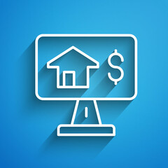 Fototapeta premium White line Online real estate house in browser icon isolated on blue background. Home loan concept, rent, buy, buying a property. Long shadow. Vector