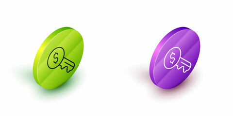Isometric line Rent key icon isolated on white background. The concept of the house turnkey. Green and purple circle buttons. Vector