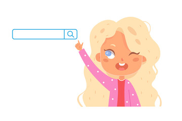 Searching for information on web by cute girl raising hand to button of search system