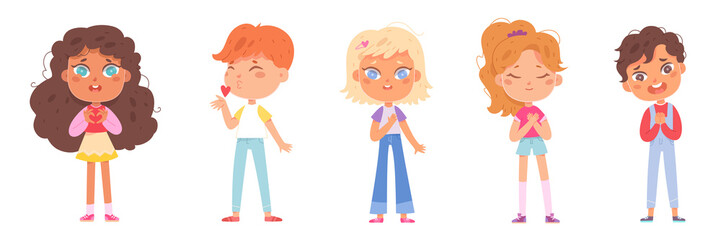 Sincere love and feelings of children set, boy girl keep hands on chests, send air kiss