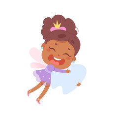 Tooth fairy character flying with molar, isolated cute girl with wings holding baby tooth