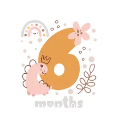 Foto op Plexiglas 6 six months anniversary card. Baby shower print with cute animal dino and flowers capturing all special moments. Baby milestone card for newborn girl © timonko