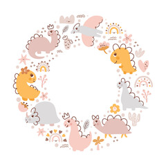 Summer vector round baby frame with dino girl and rainbow in colorful trend colors. Hand drawn naive illustrations in simple Scandinavian style